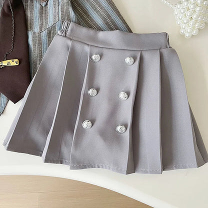 Striped Shirt & Pleated Skirt Set With Tie