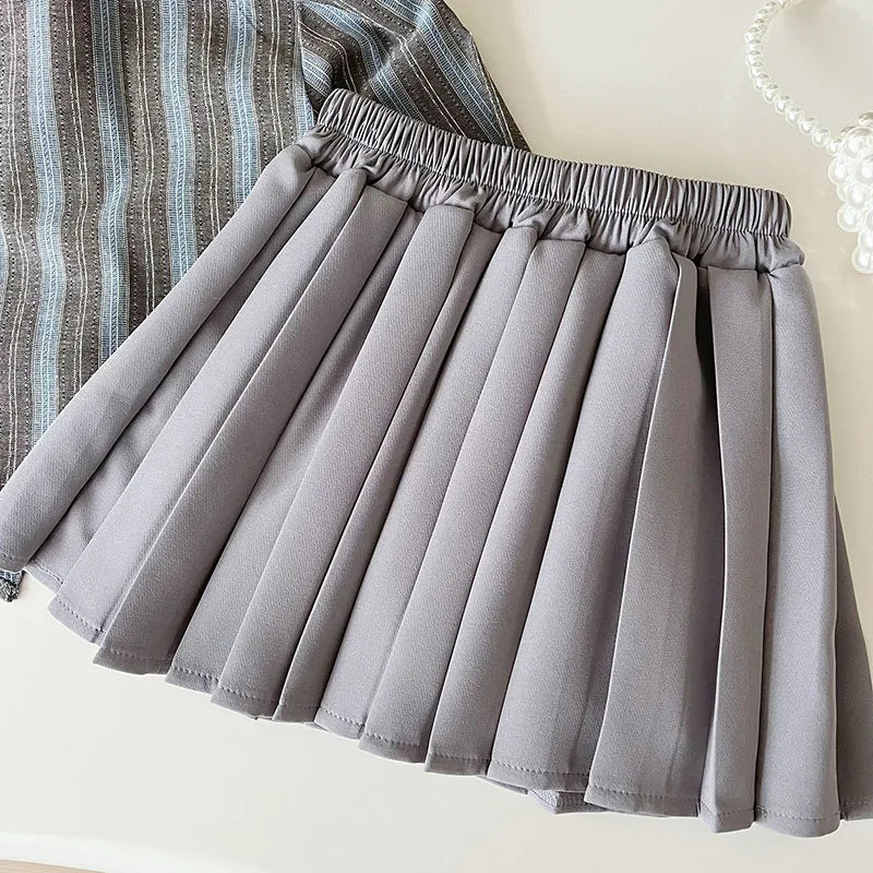 Striped Shirt & Pleated Skirt Set With Tie