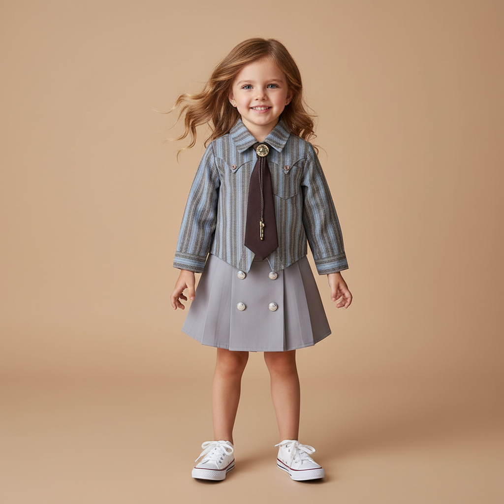 Striped Shirt & Pleated Skirt Set With Tie