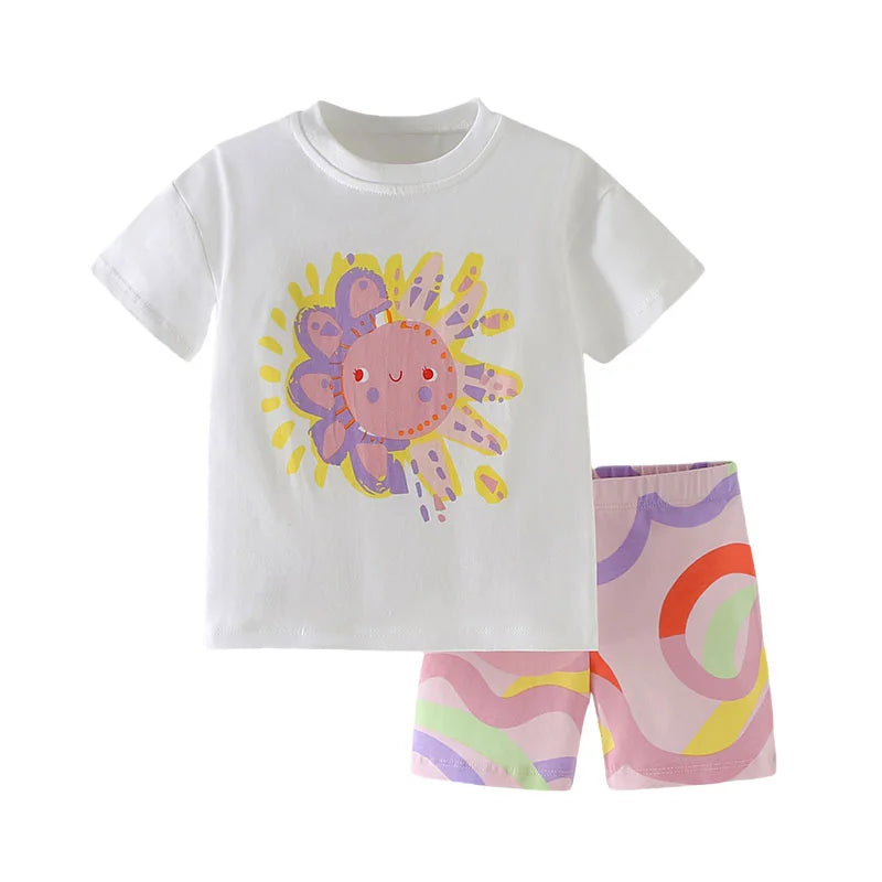 100% Cotton Sunshine Graphic Tee & Pastel Swirl Shorts Set