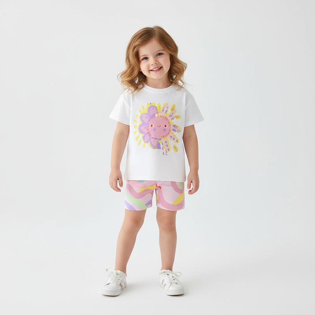 100% Cotton Sunshine Graphic Tee & Pastel Swirl Shorts Set