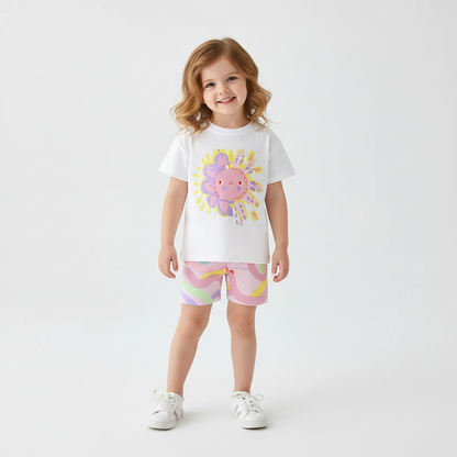 100% Cotton Sunshine Graphic Tee & Pastel Swirl Shorts Set