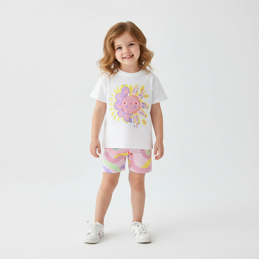 100% Cotton Sunshine Graphic Tee & Pastel Swirl Shorts Set