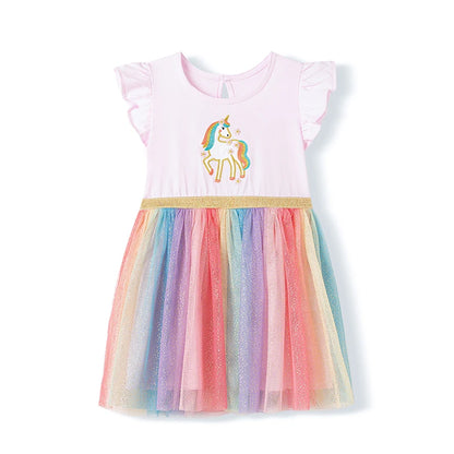 100% Cotton Unicorn Embroidered Top & Rainbow Tulle Skirt Dress