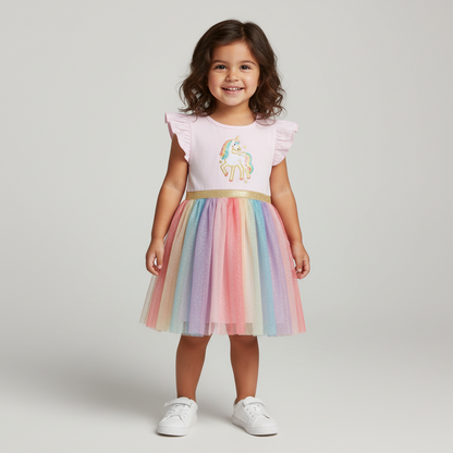 100% Cotton Unicorn Embroidered Top & Rainbow Tulle Skirt Dress