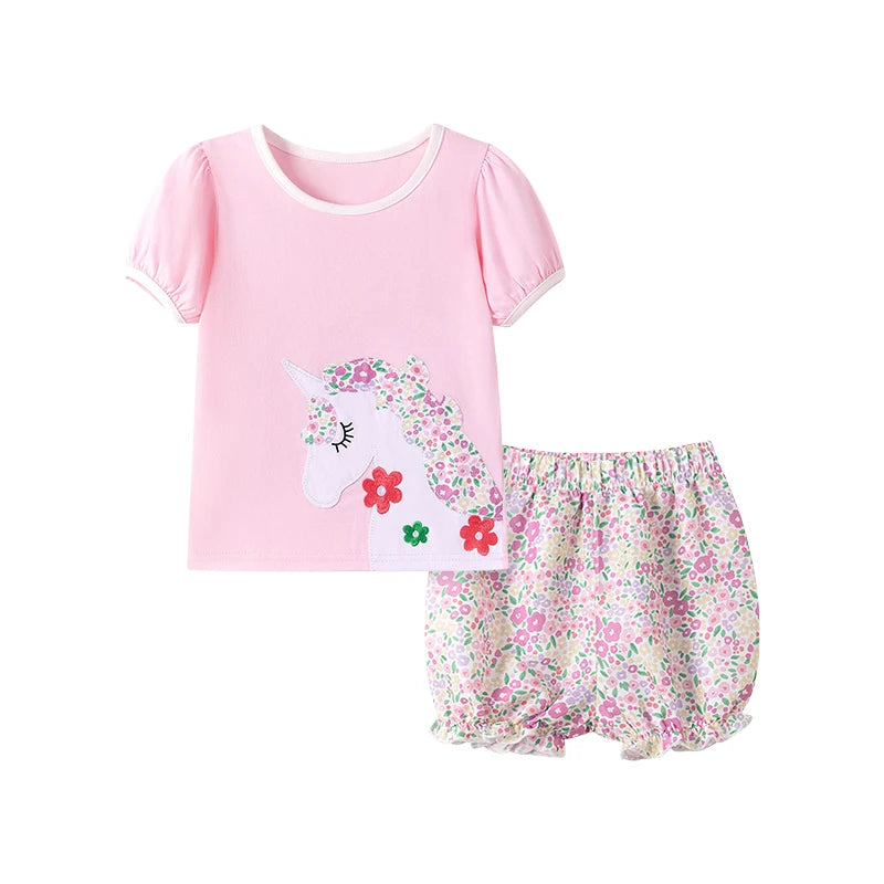 100% Cotton Unicorn Floral Print Pink Top & Shorts Set