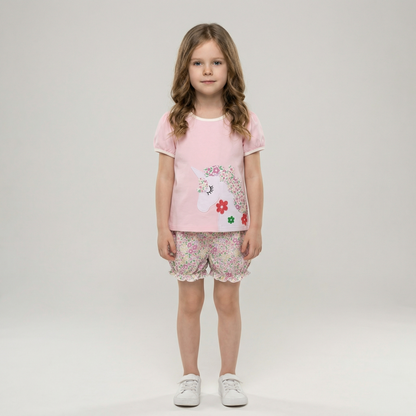 100% Cotton Unicorn Floral Print Pink Top & Shorts Set