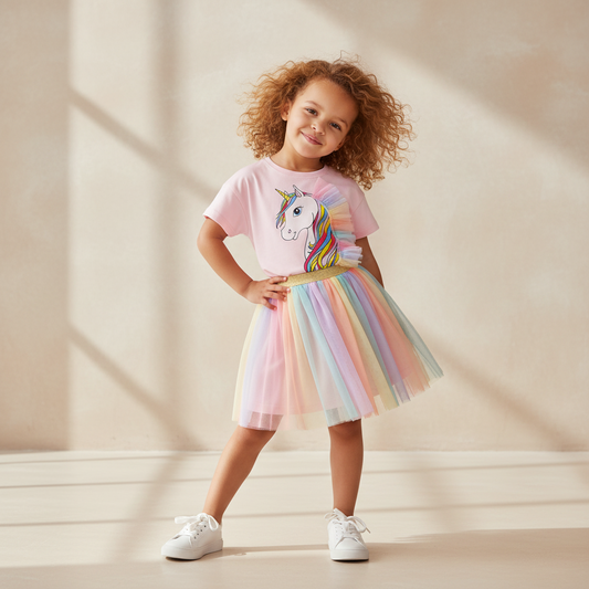 100% Cotton Unicorn Tee & Multicolor Tulle Skirt Set