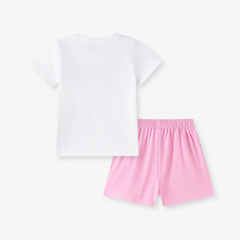 100% Cotton White Bow Print Tee & Pink Bow Shorts Set