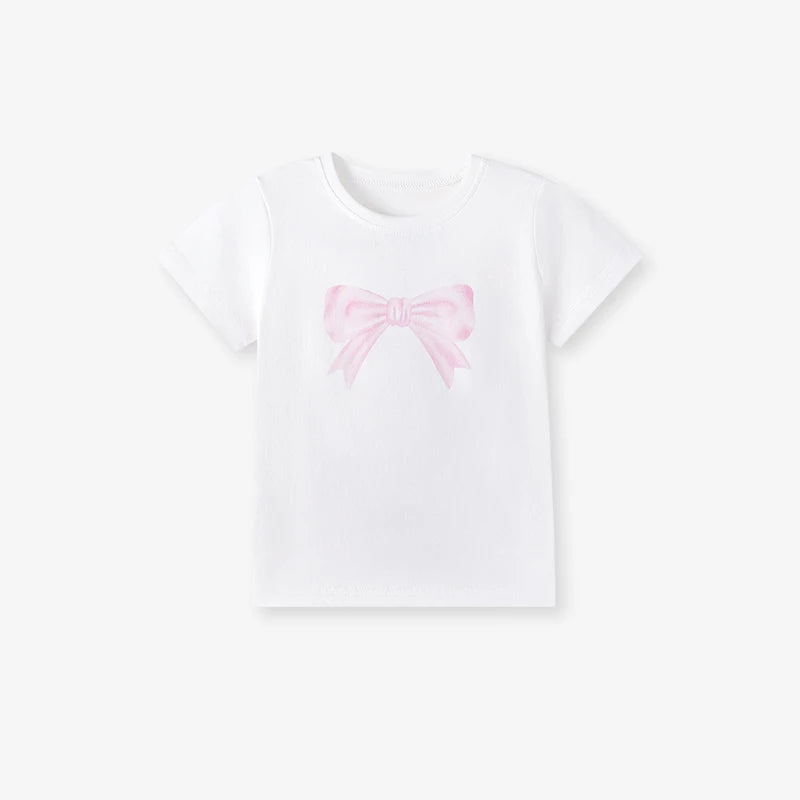 100% Cotton White Bow Print Tee & Pink Bow Shorts Set