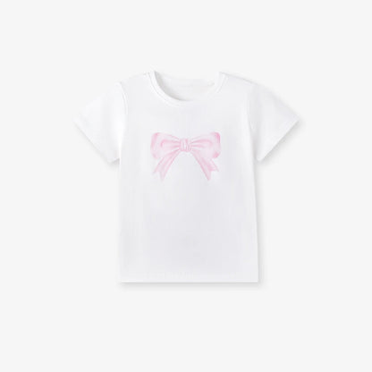 100% Cotton White Bow Print Tee & Pink Bow Shorts Set