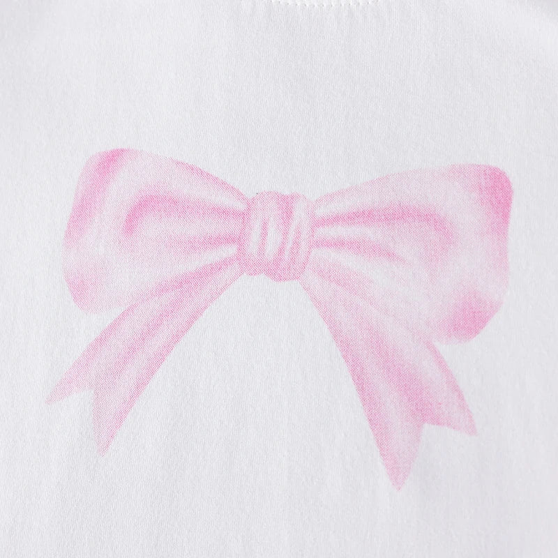100% Cotton White Bow Print Tee & Pink Bow Shorts Set