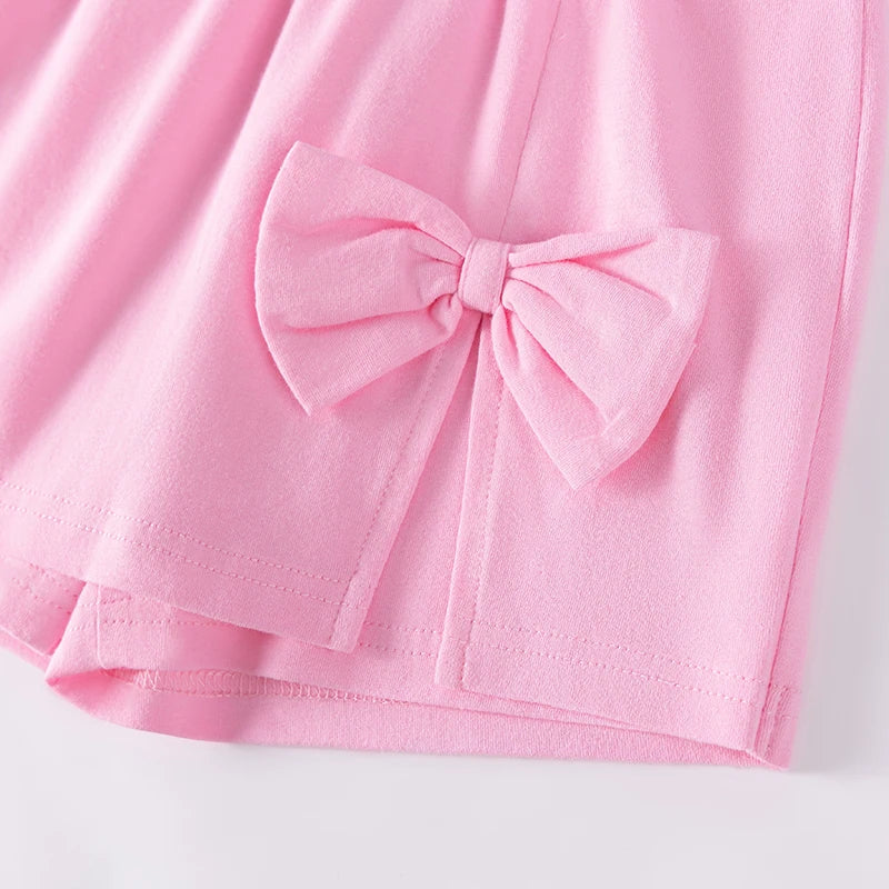 100% Cotton White Bow Print Tee & Pink Bow Shorts Set