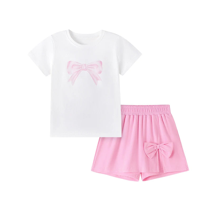 100% Cotton White Bow Print Tee & Pink Bow Shorts Set