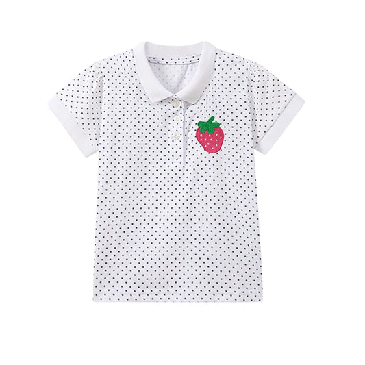 100% Cotton White Polo Shirt With Polka Dots & Strawberry Patch