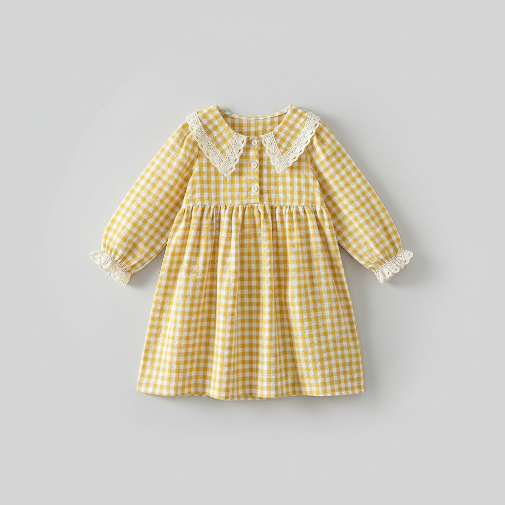 100% Cotton Yellow Gingham Lace Collar Long Sleeve Dress