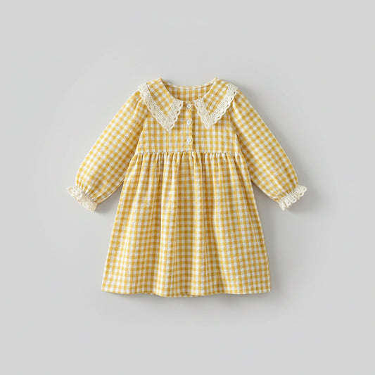 100% Cotton Yellow Gingham Lace Collar Long Sleeve Dress