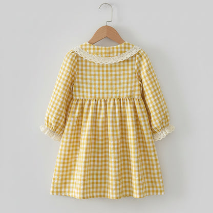 100% Cotton Yellow Gingham Lace Collar Long Sleeve Dress