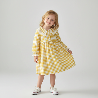100% Cotton Yellow Gingham Lace Collar Long Sleeve Dress
