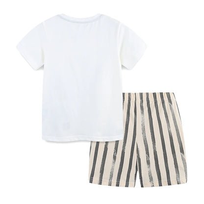 100% Cotton Zebra Print Tee & Striped Cotton Drawstring Shorts