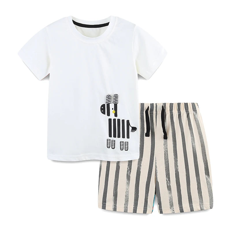100% Cotton Zebra Print Tee & Striped Cotton Drawstring Shorts