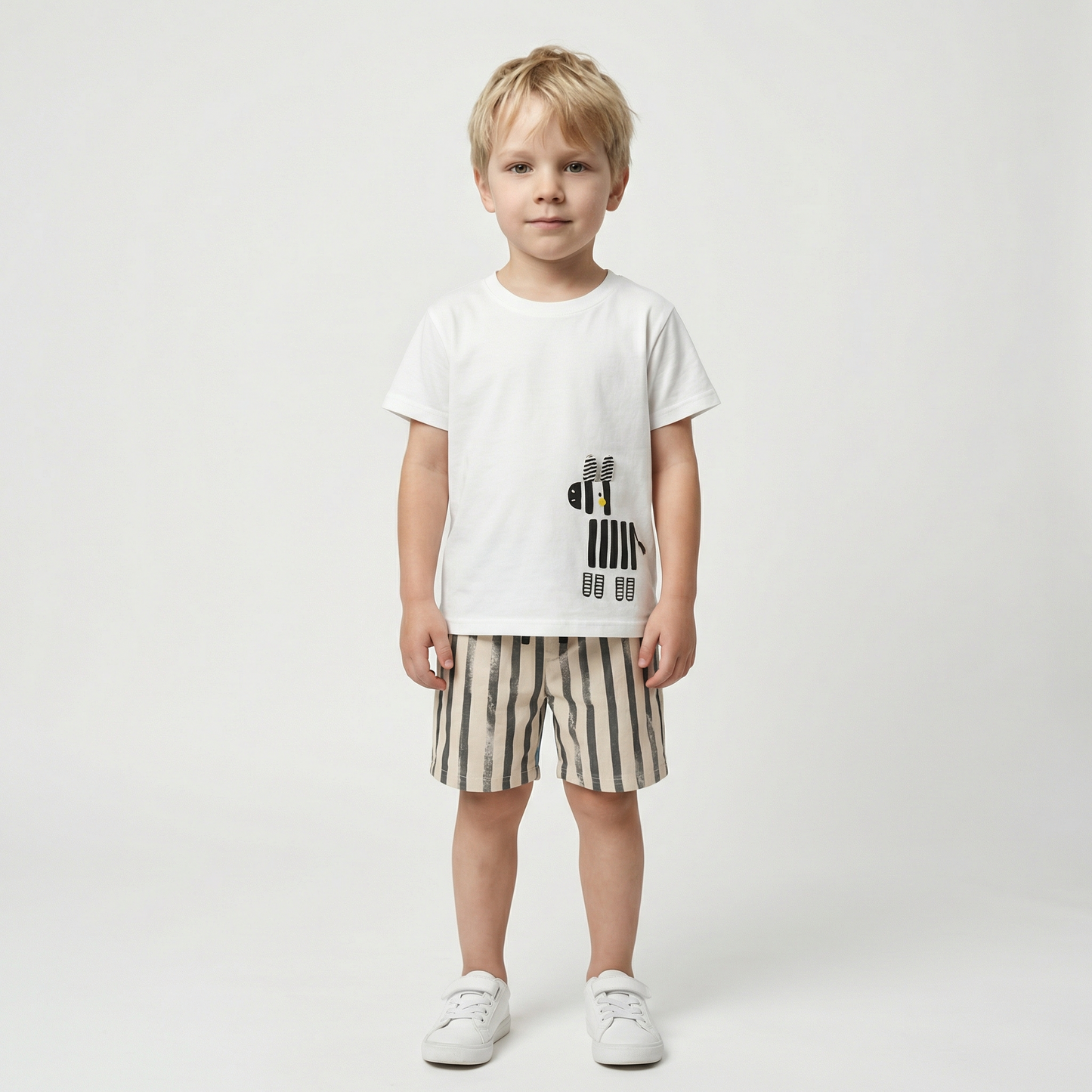 100% Cotton Zebra Print Tee & Striped Cotton Drawstring Shorts