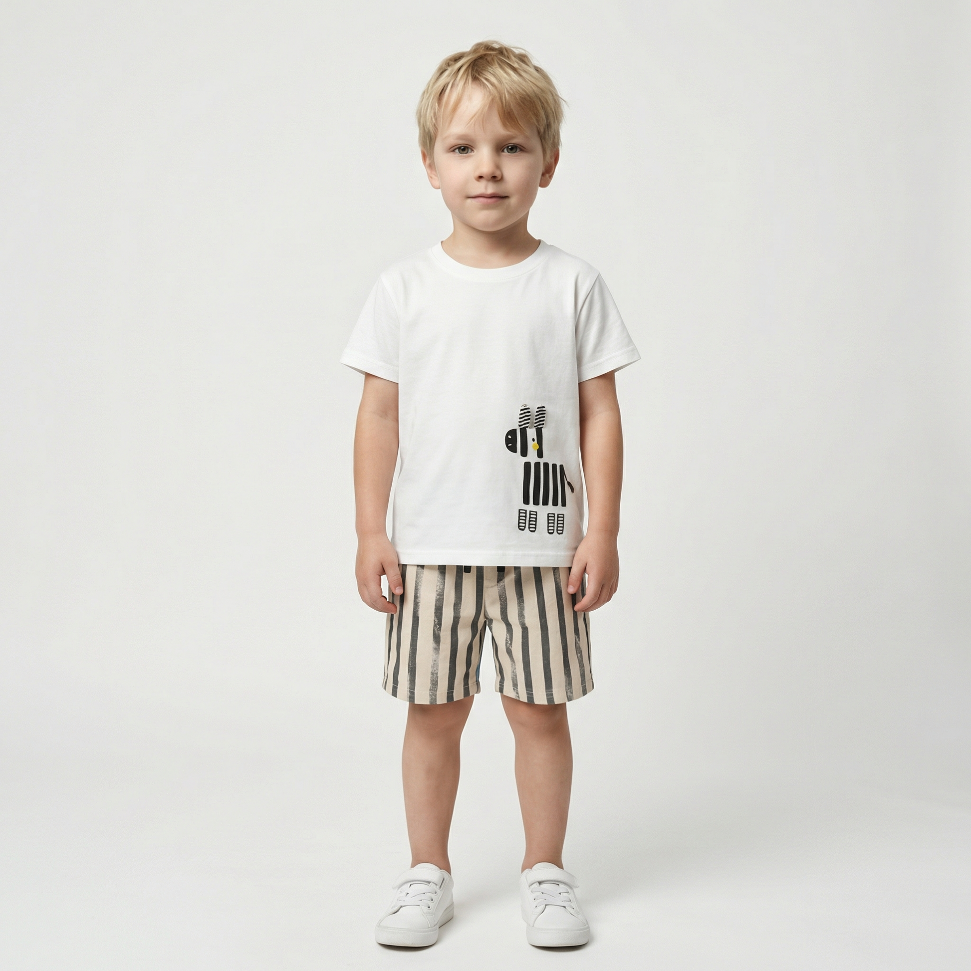 100% Cotton Zebra Print Tee & Striped Cotton Drawstring Shorts