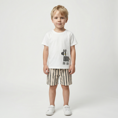 100% Cotton Zebra Print Tee & Striped Cotton Drawstring Shorts