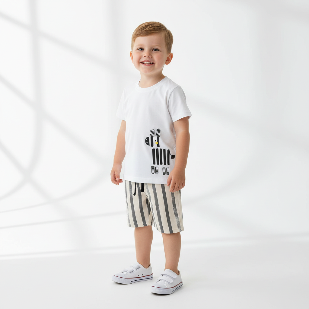 100% Cotton Zebra Print Tee & Striped Cotton Drawstring Shorts
