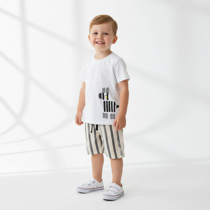 100% Cotton Zebra Print Tee & Striped Cotton Drawstring Shorts