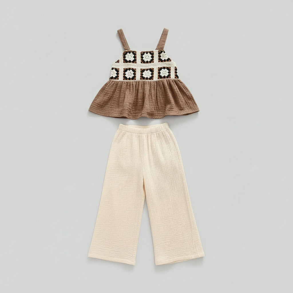 100% Cotton Crochet Floral Top & Wide Leg Pants Set