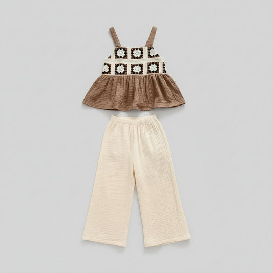 100% Cotton Crochet Floral Top & Wide Leg Pants Set