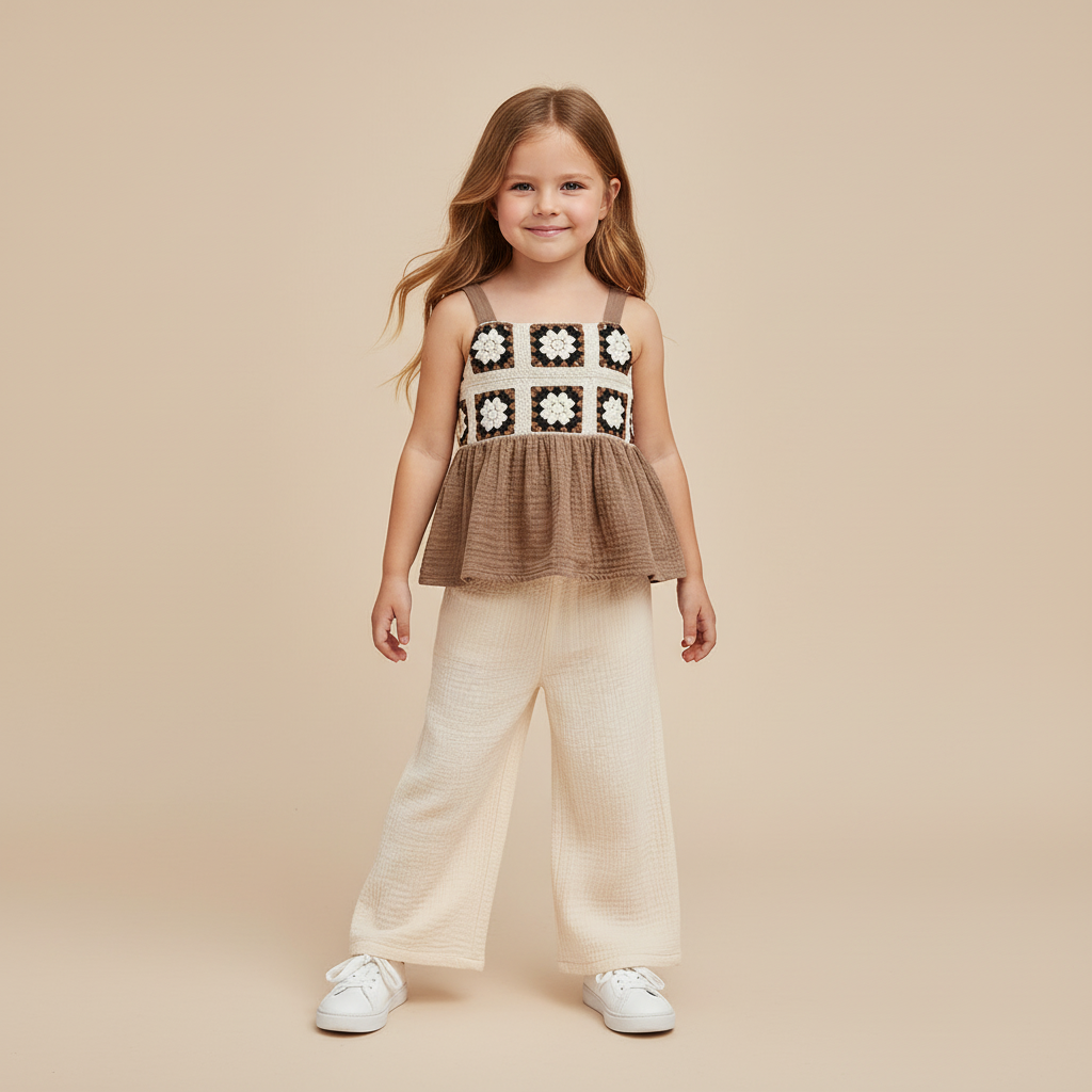 100% Cotton Crochet Floral Top & Wide Leg Pants Set