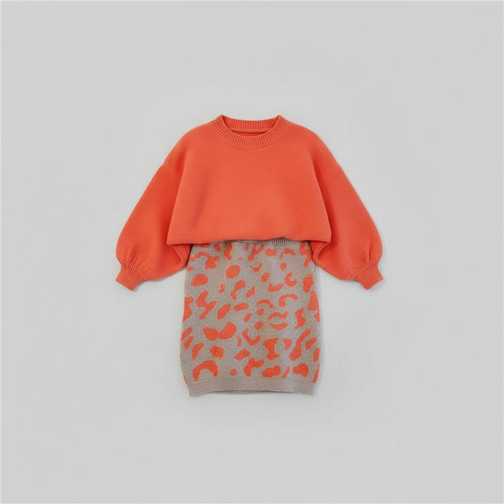 Orange Balloon Sleeve Sweater & Leopard Print Skirt Set