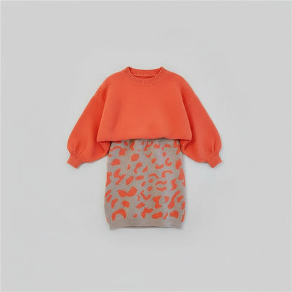 Orange Balloon Sleeve Sweater & Leopard Print Skirt Set