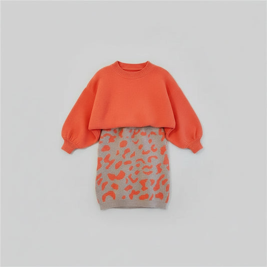 Orange Balloon Sleeve Sweater & Leopard Print Skirt Set