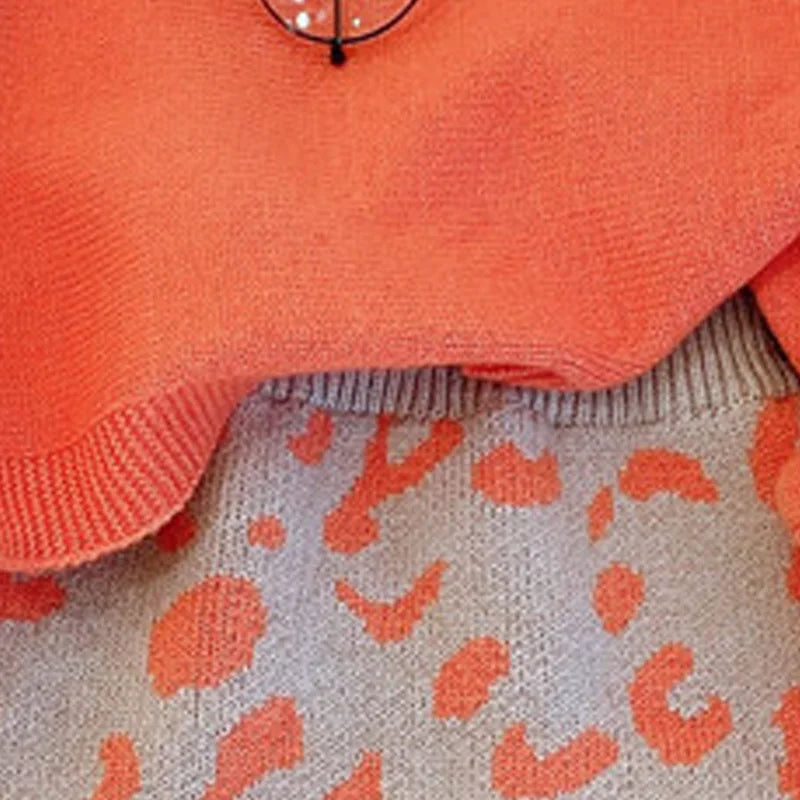 Orange Balloon Sleeve Sweater & Leopard Print Skirt Set