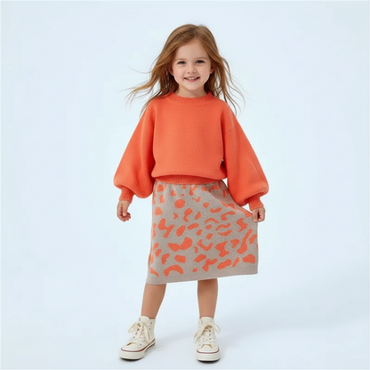 Orange Balloon Sleeve Sweater & Leopard Print Skirt Set