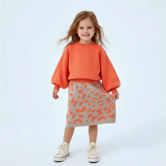 Orange Balloon Sleeve Sweater & Leopard Print Skirt Set