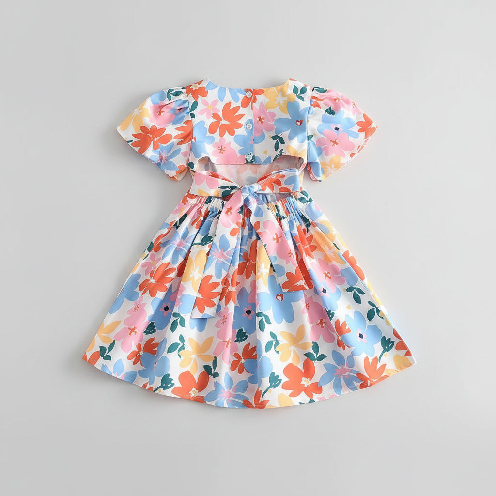 Pastel Floral Puff Sleeve Dress With Back Bow