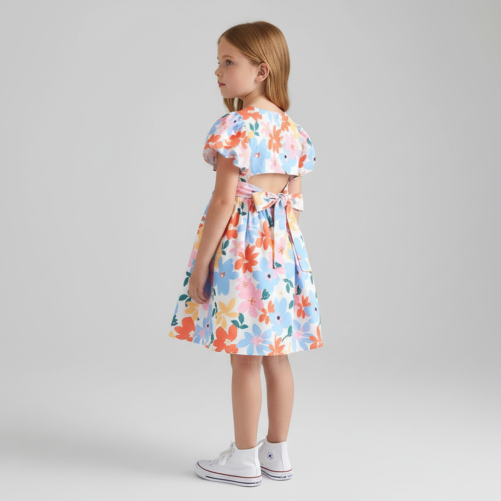 Pastel Floral Puff Sleeve Dress With Back Bow