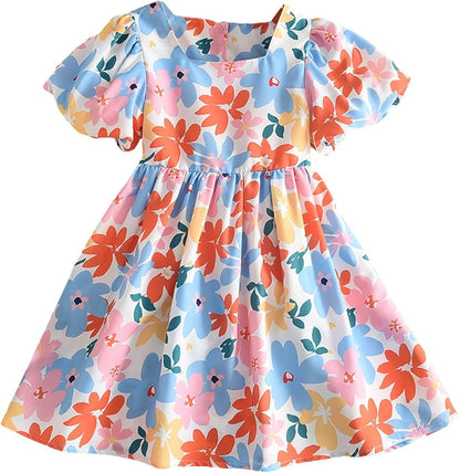 Pastel Floral Puff Sleeve Dress With Back Bow