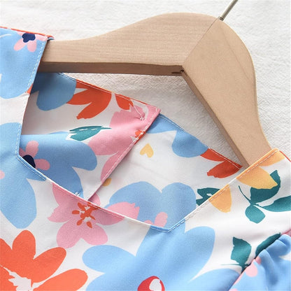 Pastel Floral Puff Sleeve Dress With Back Bow