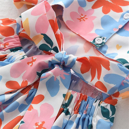 Pastel Floral Puff Sleeve Dress With Back Bow