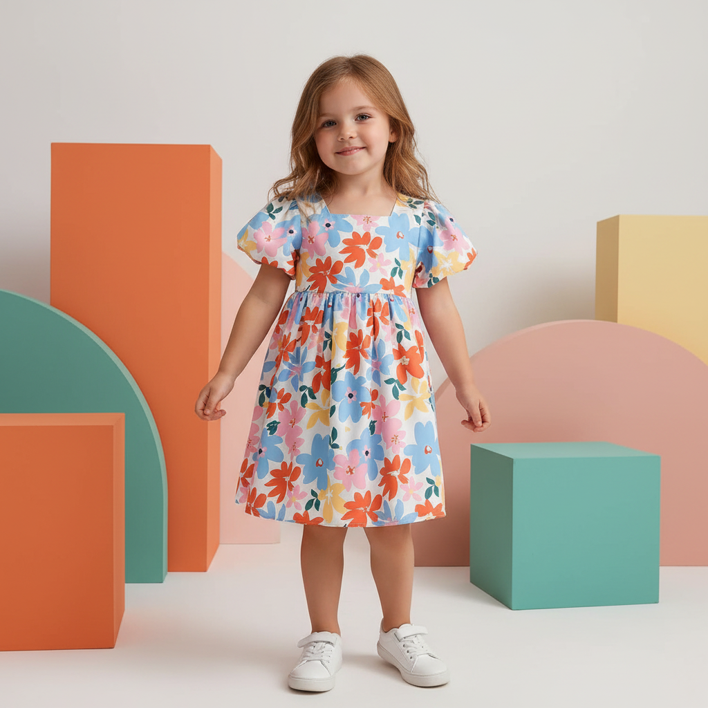 Pastel Floral Puff Sleeve Dress With Back Bow