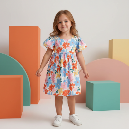Pastel Floral Puff Sleeve Dress With Back Bow