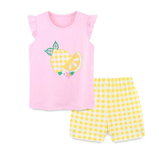 100% Cotton Lemon Print Ruffle Sleeve Top & Gingham Shorts Set