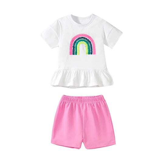 100% Cotton Rainbow Peplum Top & Pink Shorts Set