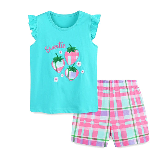 100% Cotton Strawberry Ruffle Sleeve Top & Plaid Shorts Set