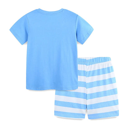 100% Cotton Blue Sailboat Applique Tee & Striped Shorts Set